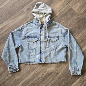 American Eagle Jacket Medium Crop Blue Jean Denim Hooded Distressed Pocket Zip‎